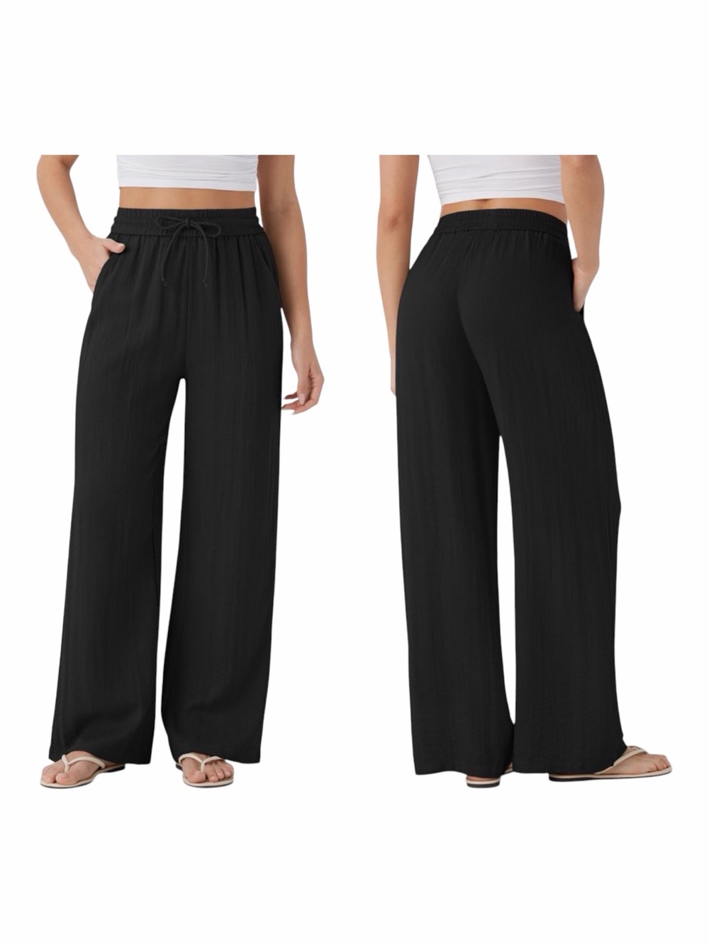 HALARA Black High Waist Drawstring Wide Leg Baggy Linen-Feel Pant. Large Petite